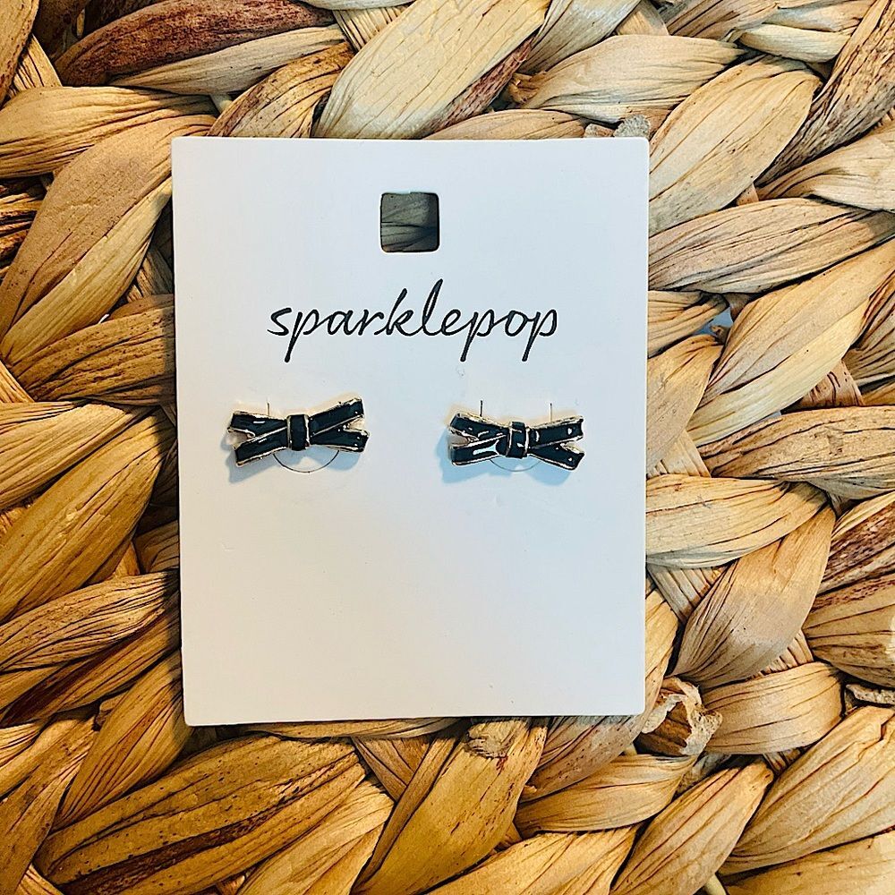 Sparklepop Tiny Bow Stud‎ Earrings, Black & Gold